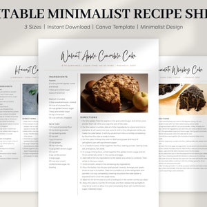 MINIMAL Recipe Template, Simple Recipe Card, EDITABLE Personalized Recipe Sheet, Printable Recipe, Modern Recipe Template, 8.5x11, A4, A5