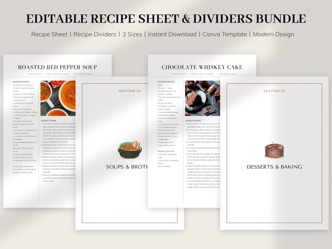 MODERN Recipe Sheet &amp; Recipe Dividers Template BUNDLE, Simple Recipe Card, Recipe Dividers ...