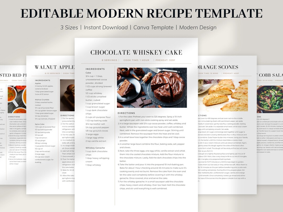MODERN Recipe Template, Simple Recipe Card, EDITABLE Personalized ...