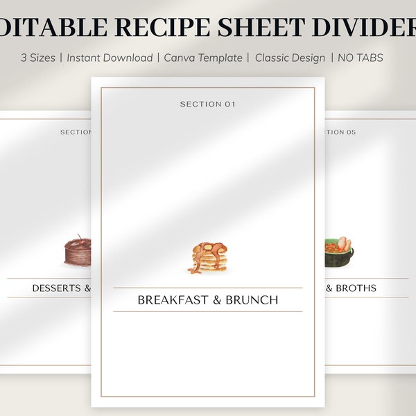 CLASSIC Recipe Sheet Dividers Template, Recipe Dividers, EDITABLE Recipe Dividers, Printable Recipe Dividers WITHOUT tabs, 8.5x11, A4, A5