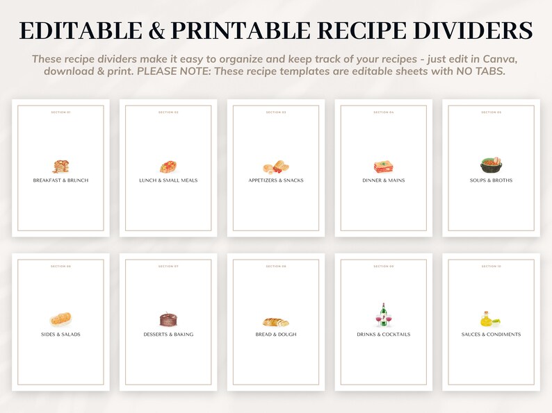 MODERN Recipe Sheet Dividers Template, Recipe Dividers, EDITABLE Recipe Dividers, Printable ...