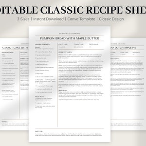 Classic Recipe Template, Simple Recipe Card, Recipe Template EDITABLE, Printable Recipe Card Template, Modern Recipe Template, Recipe Binder