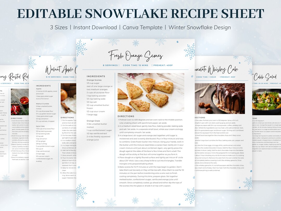 Winter Snowflake Recipe Template, Editable Recipe Template, EDITABLE Holiday Recipe Sheet