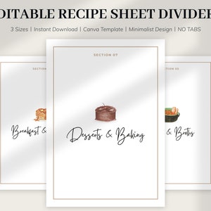 MINIMAL Recipe Sheet Dividers Template, Recipe Dividers, EDITABLE Recipe Dividers, Printable Recipe Dividers WITHOUT tabs, 8.5x11, A4, A5