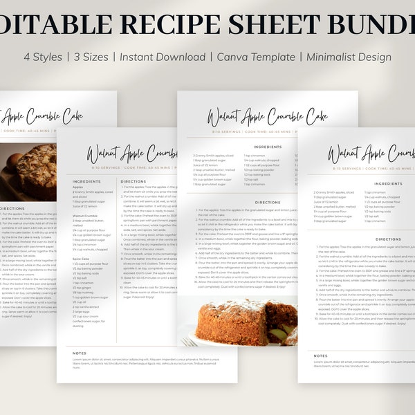 MINIMAL Recipe Template BUNDLE, Printable Recipe Template, Recipe Card, EDITABLE Recipe Sheet Templates, Modern Recipe Template, Cookbook