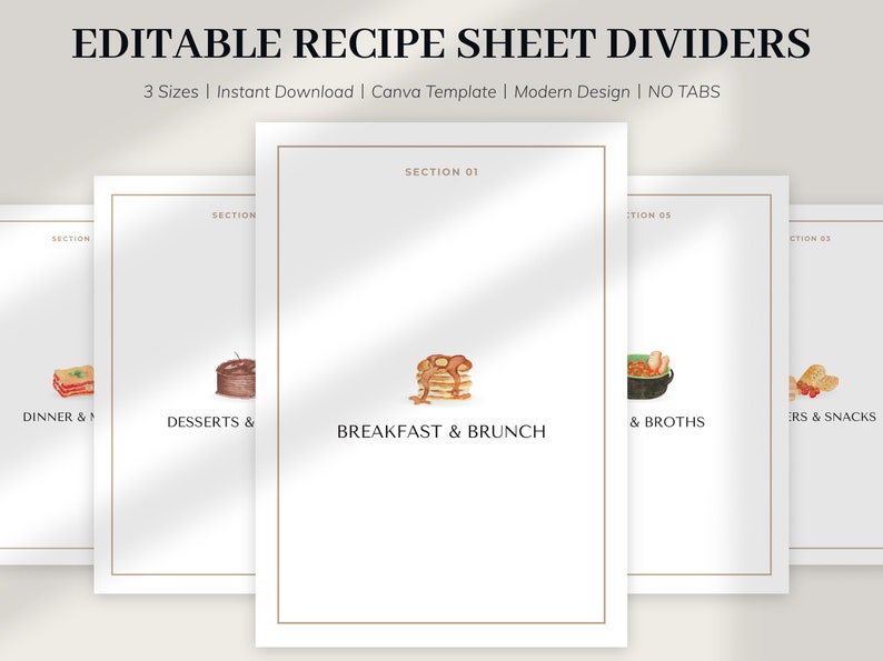 MODERN Recipe Sheet Dividers Template, Recipe Dividers, EDITABLE Recipe Dividers, Printable ...