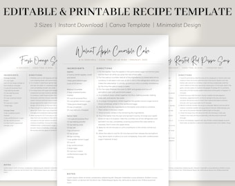 PRINTABLE Recipe Template, Minimal Recipe Template, Simple Recipe Card, EDITABLE Personalized Recipe Sheet, Modern Recipe Template, Cookbook