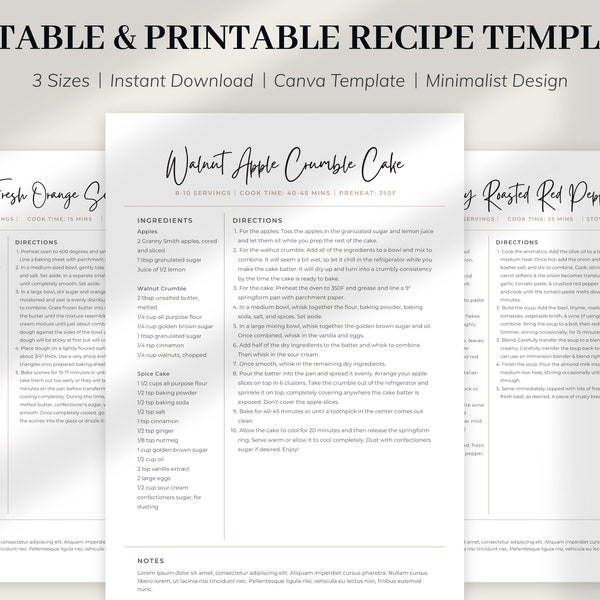 PRINTABLE Recipe Template, Minimal Recipe Template, Simple Recipe Card, EDITABLE Personalized Recipe Sheet, Modern Recipe Template, Cookbook