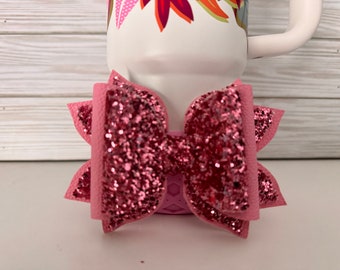 Motherly Pink Glitter Bow, Stanley Cup Accessory (4 Inch)