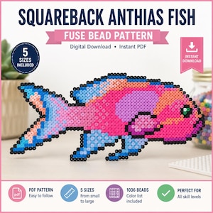 May include: A Squareback Anthias fish fuse bead pattern digital download. The design features a fish crafted from pink, purple, orange, and blue beads with a black outline. Text includes Squareback Anthias Fish, Fuse Bead Pattern, 5 Sizes Included, and Instant Download.