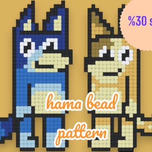 May include: Two pixelated dog figures, one blue and one tan, are displayed side by side. The image includes the text "hama bead pattern" in orange script, and a circular sticker that says "%30 sale".