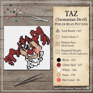 May include: A Perler bead pattern of Taz the Tasmanian Devil on a white pegboard. The design uses 1447 beads in 5 colors: black, glitter red, white, sand, and hot coral. The pattern size is 58x56 beads, requiring 6 mini 28x28 pegboards.