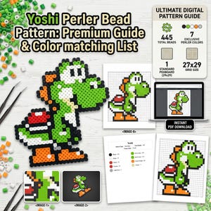 Yoshi Perler Bead Pattern | Super Mario Pixel Art, Fuse Bead Template (Digital Download)