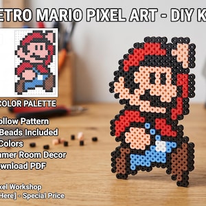 May include: A DIY kit for creating pixel art of a character wearing a red hat, red shirt, and blue overalls. The kit includes a printed pattern with a color palette, 336 beads in 6 colors, and instructions for assembly. The text reads RETRO MARIO PIXEL ART - DIY KIT.