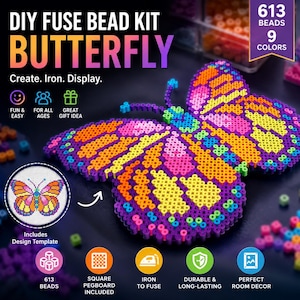 May include: A DIY fuse bead kit featuring a butterfly design. The kit includes 613 beads in 9 colors, a square pegboard, and a design template. The finished butterfly is multicolored with purple, orange, yellow, pink, and blue plastic beads.