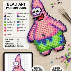 May include: A professional bead art pattern guide for a pink starfish character wearing green shorts with purple flowers. The digital download includes a colour palette, instructions, and a 31x47 pattern size requiring 4 standard pegboards and 791 beads.