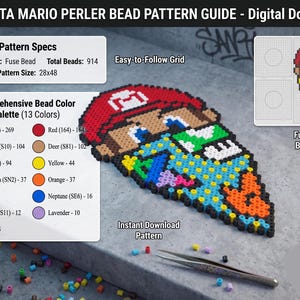 May include: A digital download guide for a Gangsta Mario perler bead pattern. The image displays a finished fuse bead design of Mario wearing a colorful bandana, a comprehensive color palette list, pattern specs, and a grid layout.