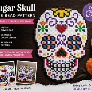 May include: A sugar skull fuse bead pattern featuring 1750 beads in 17 colours with a 41x56 bead grid. The design includes a central red heart, floral motifs, and geometric eye patterns. Text includes Sugar Skull Fuse Bead Pattern, Instant Download, Detailed Colour Chart, Printable Pattern, DIY Fun & Easy, and Bring Colour to Life Bead by Bead.