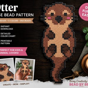May include: A fuse bead pattern featuring an otter design. The text reads Otter FUSE BEAD PATTERN, 25x54 BEADS, 5 COLORS, 860 BEADS, INSTANT DOWNLOAD, DETAILED COLOUR CHART, PRINTABLE PATTERN, DIY FUN & EASY!, PERFECT FOR KIDS & ANIMAL LOVERS!, CREATE, IRON, DISPLAY!, and Bring Creativity to Life BEAD BY BEAD!