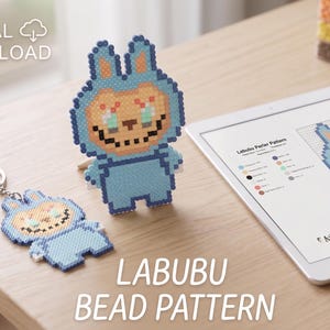 May include: A Labubu character made of blue and tan plastic beads, including a standing figure and a keychain version. A tablet displays a digital Labubu Perler pattern with a color key and the text Labubu Bead Pattern and Digital Download.