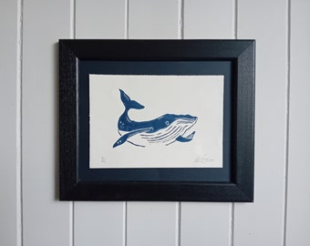 Blue Whale - Irish Art - Linocut - Ocean - Nature Lovers - Swimming - Blue - Animals - Print - Original Art - Deep Sea