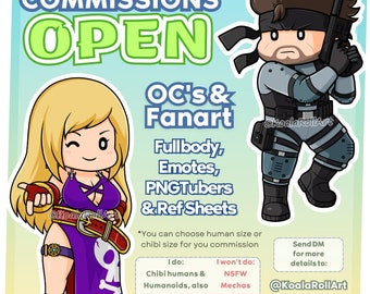 COMMISSIONS OPEN! - Digital artwork, chibis, humans, custom emotes for Twitch and Discord, Ref sheets, PNGTubers!