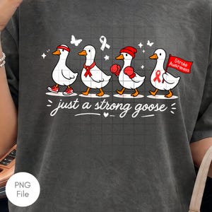 May include: Dark grey t-shirt with a cartoon design of four white geese, each wearing accessories such as a headband, bow tie, boxing gloves, and a Stroke Awareness flag. The text "just a strong goose" is written below the geese.