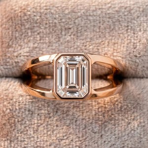 Emerald Cut Moissanite Men's Ring, 925 Sterling Silver, Split Shank Bezel Band