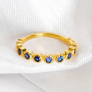 Blue Sapphire Half Eternity Wedding Band For Women 925 Sterling Silver Stackable Round Sapphire Bridal Matching Anniversary Gift Dainty Band