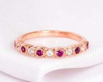 Ruby Moissanite Wedding Band, Sterling Silver Milgrain Ring