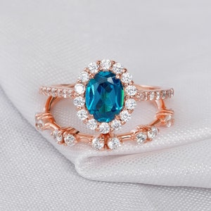Blue Topaz Ring Set For Women 925 Sterling Silver Halo London Blue Topaz Engagement Bridal 1.5c Ring Matching Moissanite Dainty Wedding Band
