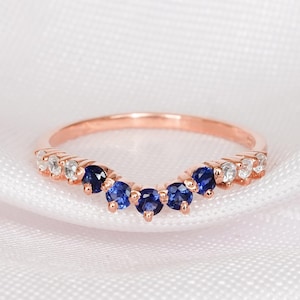 Blue Sapphire Dainty Curved Wedding Band For Women 925 Sterling Silver Round Stackable  Bridal Matching Anniversary Gift Dainty Ring For Her