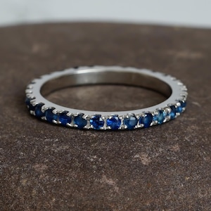 Blue Sapphire Eternity Band For Women 925 Sterling Silver Stackable Delicate Blue Full Eternity Bridal Matching Anniversary Gift Dainty Band