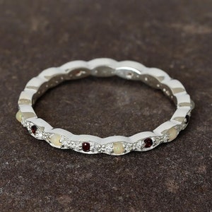 Opal Eternity Band For Women 925 Sterling Silver With Ruby Stackable Delicate Full Eternity Bridal Matching Anniversary Gift Dainty Band