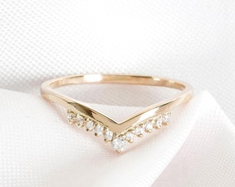 Chevron Moissanite Wedding Band, Sterling Silver V Ring, Anniversary Gift