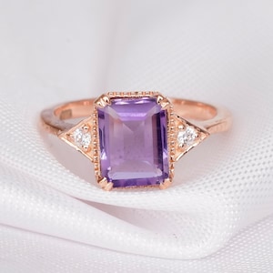 Amethyst Engagement Ring 925 Sterling Silver Emerald Cut Amethyst Wedding Ring For Women Proposal Halo Classic Prong Solitaire Purple Ring
