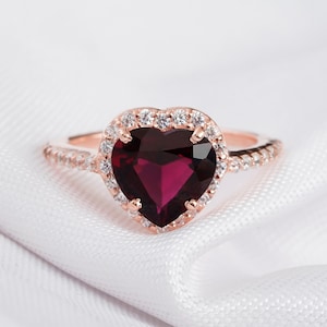 Heart Garnet Engagement Ring 925 Sterling Silver Heart Shape Red Garnet Wedding Ring For Women Proposal Halo Vintage Classic Solitaire Ring