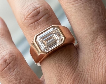 Emerald Cut Moissanite zegelring heren, 925 sterlingzilver roségoud statement verjaardagscadeau