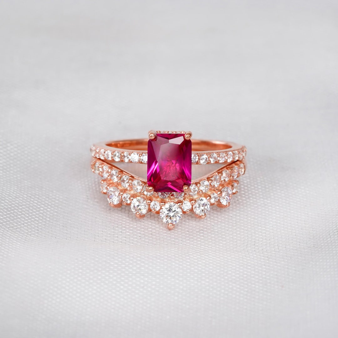 Ruby Rings Set Ruby Ring Set: Radiant Cut, Sterling Silver, Art Deco Bridal Ring - Etsy