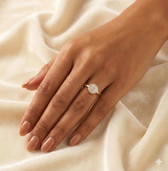 Dainty Moissanite Sterling Silver Disk Ring, Pave Set Eternity