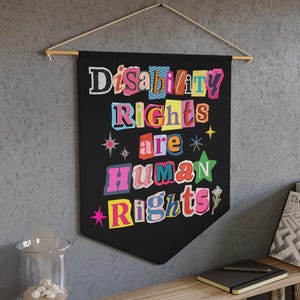 May include: A black wall banner featuring the text "Disability Rights are Human Rights" in a colorful, multi-font collage style. The design includes various star shapes and a small floral graphic, all suspended from a wooden rod with a string.