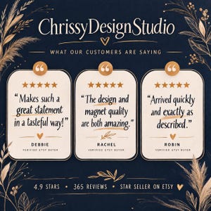 May include: A dark blue graphic featuring the text ChrissyDesignStudio and WHAT OUR CUSTOMERS ARE SAYING. Three white rectangular cards display five-star reviews from Debbie, Rachel, and Robin. Bottom text reads 4.9 STARS, 365 REVIEWS, STAR SELLER ON ETSY.