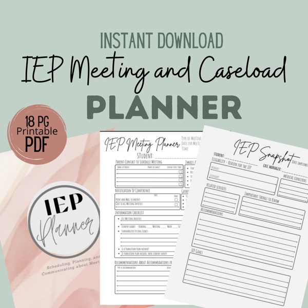 IEP Meeting en Caseload Planner, afdrukbaar PDF-bestand, casemanager speciaal onderwijsleraar, planning speciaal onderwijs, direct downloaden