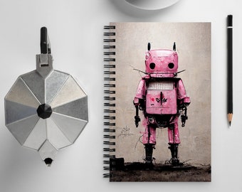 Spiral Notebooks, Banksy Style Pink Robot Cat Spiral Notebook, Soft Cover Journal, Grunge Notebook, Pink Grunge, Cute Spiral Notebook, Lined