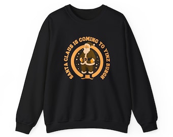 May include: Black sweatshirt with a yellow circle graphic that says "Santa Claus is coming to Yinzburgh" with a cartoon image of Santa Claus inside the circle.