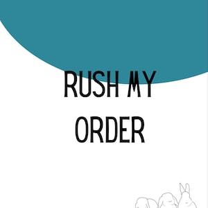 May include: White text on a teal background reads "Rush My Order". Below the text are three line drawings of bunnies in a row, with the text "Bun Snoozers" below the bunnies.