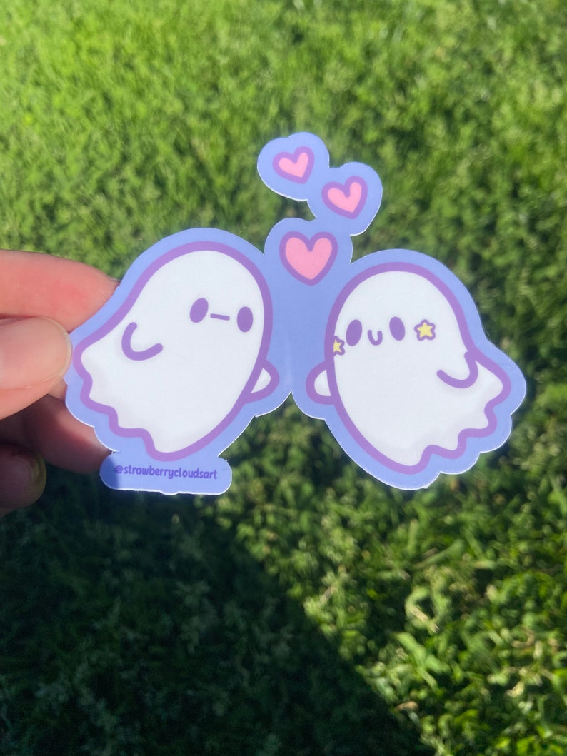 Two Ghosts Sticker Cute Pastel Ghosts With Hearts Vinyl Etsy