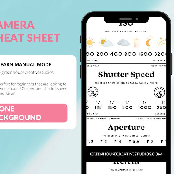 DSLR cheat sheet phone background, learn photography 101, learning basic manual mode