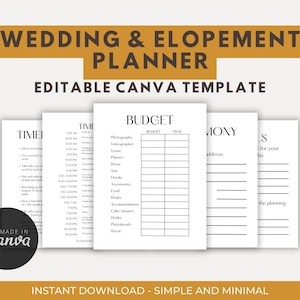 May include: A printable wedding and elopement planner template in black and white with the text "Wedding & Elopement Planner" and "Editable Canva Template". The planner includes sections for budget, timeline, ceremony, and details.