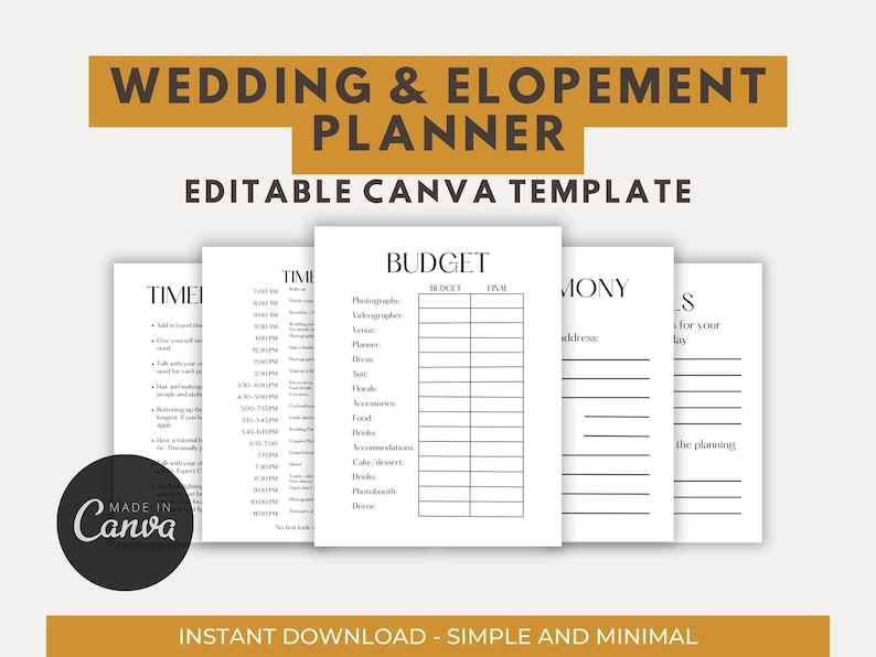 Elopement Planner Printable, Simple &amp; Customizable Canva Template With ...